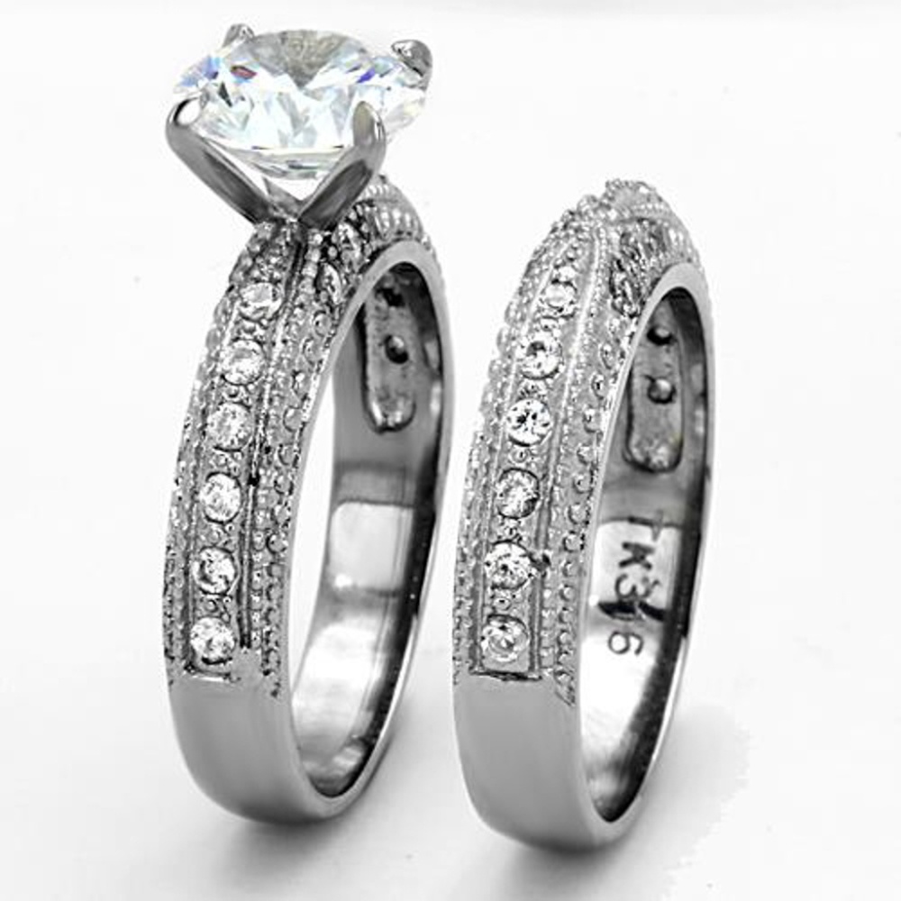 3.25 Ct Zirconia Stainless Steel Wedding Ring Set - Picture 5 of 6